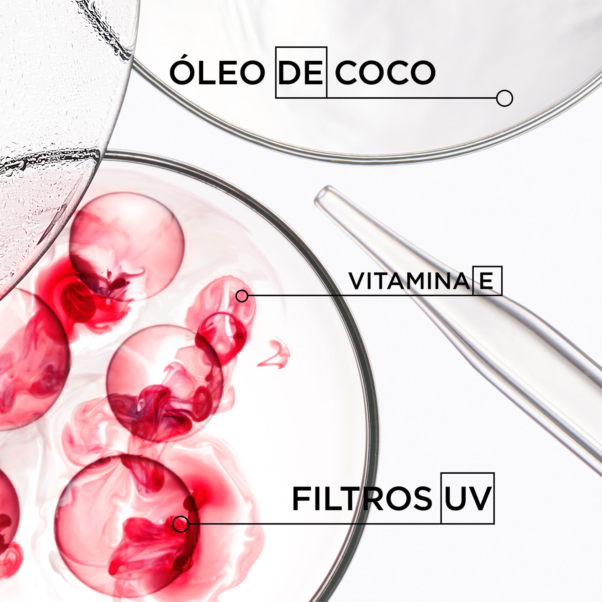 ingredientes dos produtos soleil vitamina E filtros UV e óleo de coco para o cabelo